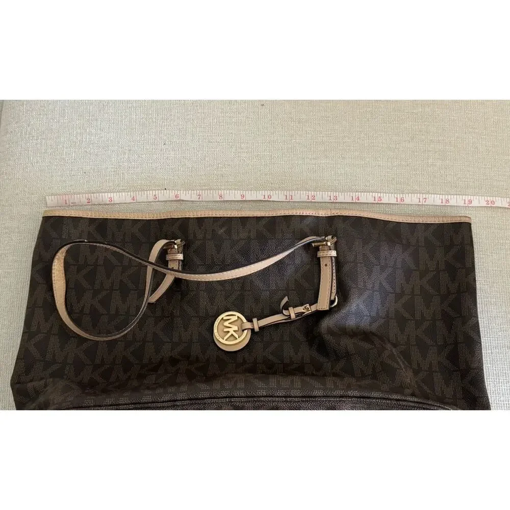 ⁠Michael Kors Tote Bag Brown Signature Monogram Large Purse Gold Charm Jet Set